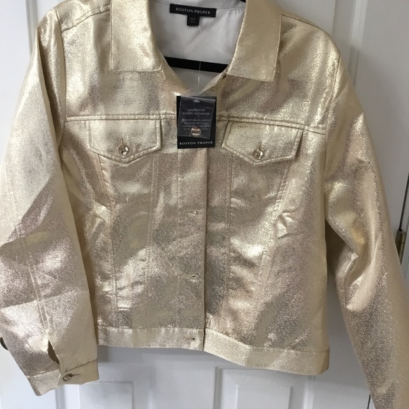 Boston Proper Gold Metallic Jacket, Size L, Jean Jacket Styling NWT - Picture 2 of 5